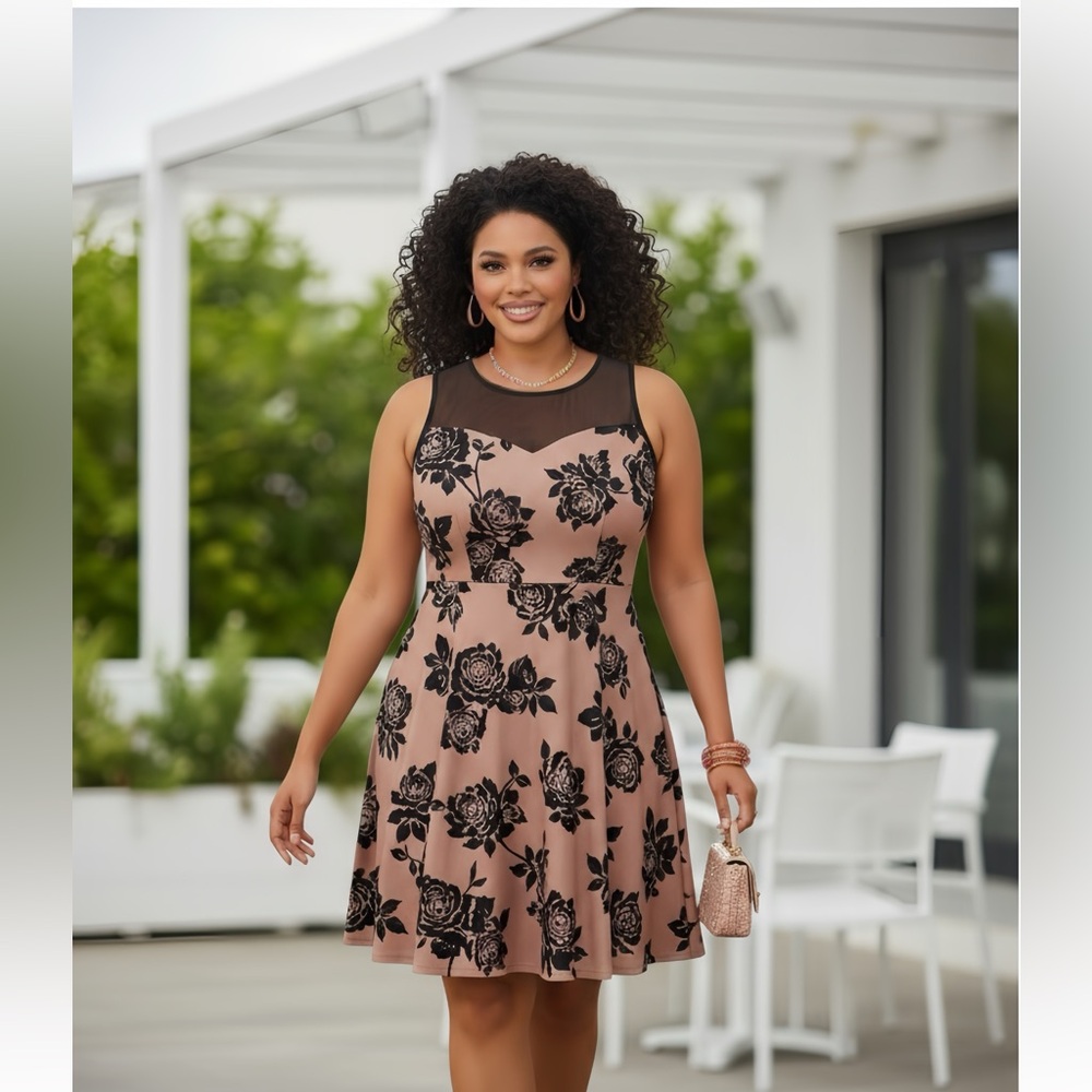Trixxi Shiny Pink Sleeveless Cocktail Dress with Black Velvet Roses.
